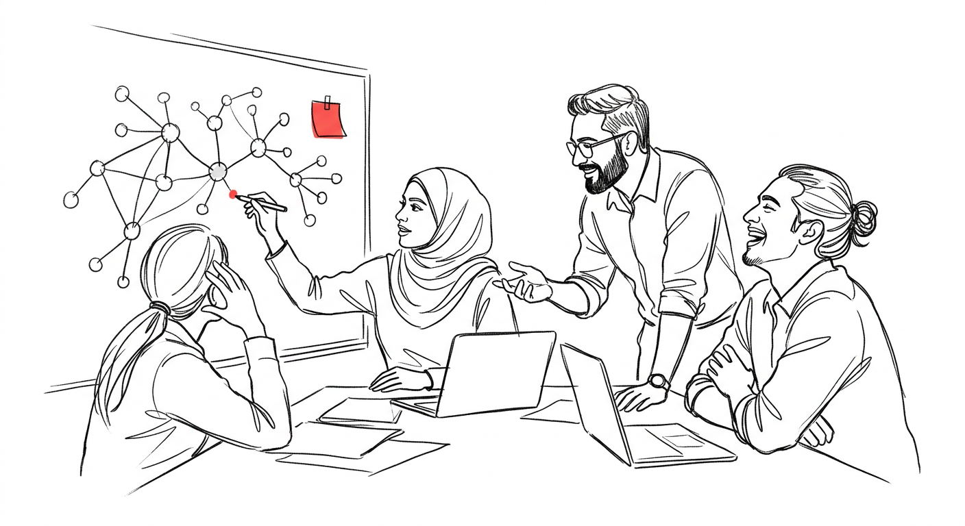 Line drawing of a tech team collaborating around a table with laptops and a whiteboard network diagram.